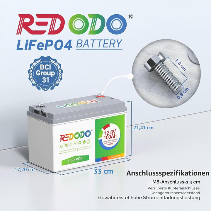 Redodo 12V 100Ah LiFePO4 Batterie, 1280Wh Lithium Akku über 4000 Mal Tiefzyklus, wiederaufladbare Ba