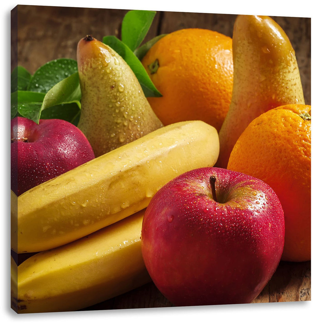 Pixxprint Obst Erdbeeren Kiwi Orangen / 70x70cm Leinwandbild bespannt auf Holzrahmen/Wandbild Kunstd