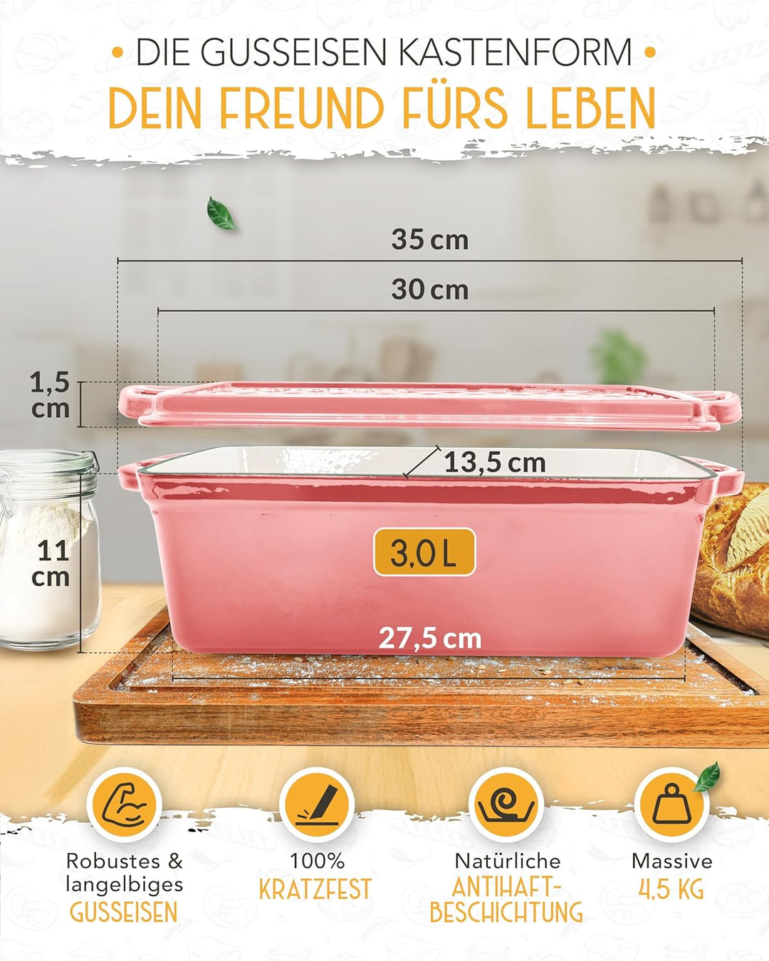 KRUSTENZAUBER Brotbackform mit Deckel emailliert im XXL-Komplettset - Robuste 28 cm Gusseisen Brotba