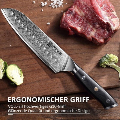 PAUDIN Santokumesser Damastmesser 17 cm, Ultra Scharfes Kochmesser aus 67 Lagen Damaststahl mit japa