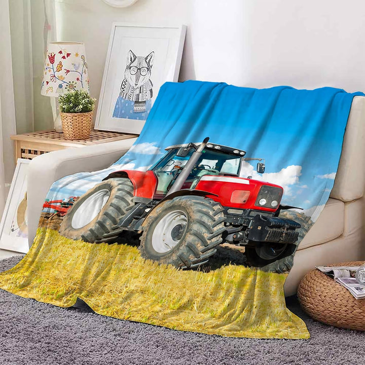 Rote Kuscheldecke Traktor 130×150 cm, weiche Plüschdecke im ländlichen pastoralen blauen Himmelsstil