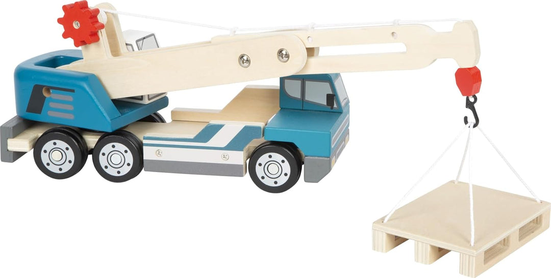 small foot Kranwagen mit Palette aus Holz, Spielfahrzeug für Kinder, mit 360°-drehbarem Kran und Zub