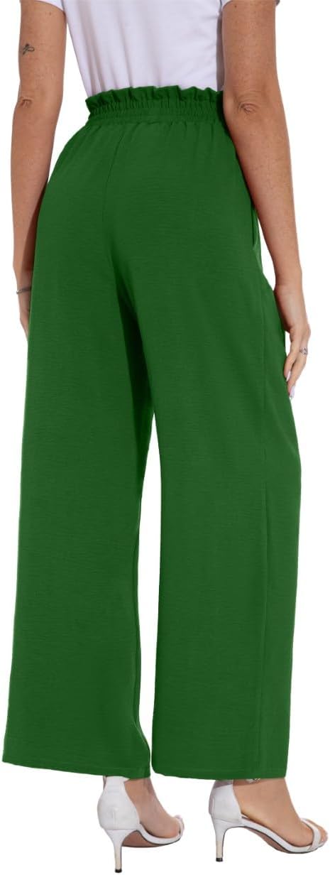 PrinStory Damen Hose Mit Weitem Bein Leichte Elastische Taille Sommer Hose Mit Taschen Kausale Arbei