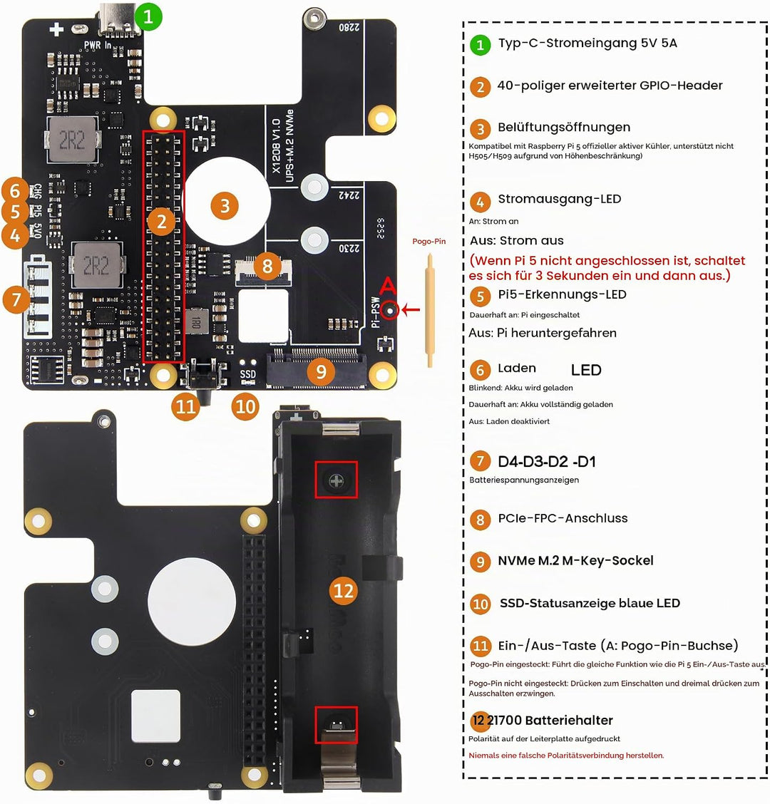 Geekworm X1208 UPS für Raspberry Pi 5 mit NVMe SSD (2280/2242/2230) Erweiterung | 5,1V/5A Ausgang |