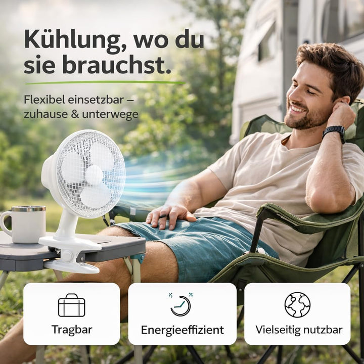 2 in 1 Tragbarer Tischventilator mit Ständer & Clip (20 cm) mit Schwenkfunktion – leiser Ventilator