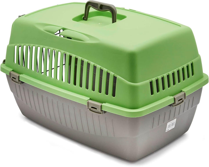 HAPPET Tiertransportbox Doggy M Grün-Grau 54x38x33 cm – Robuste, gut belüftete Transportbox aus Kuns