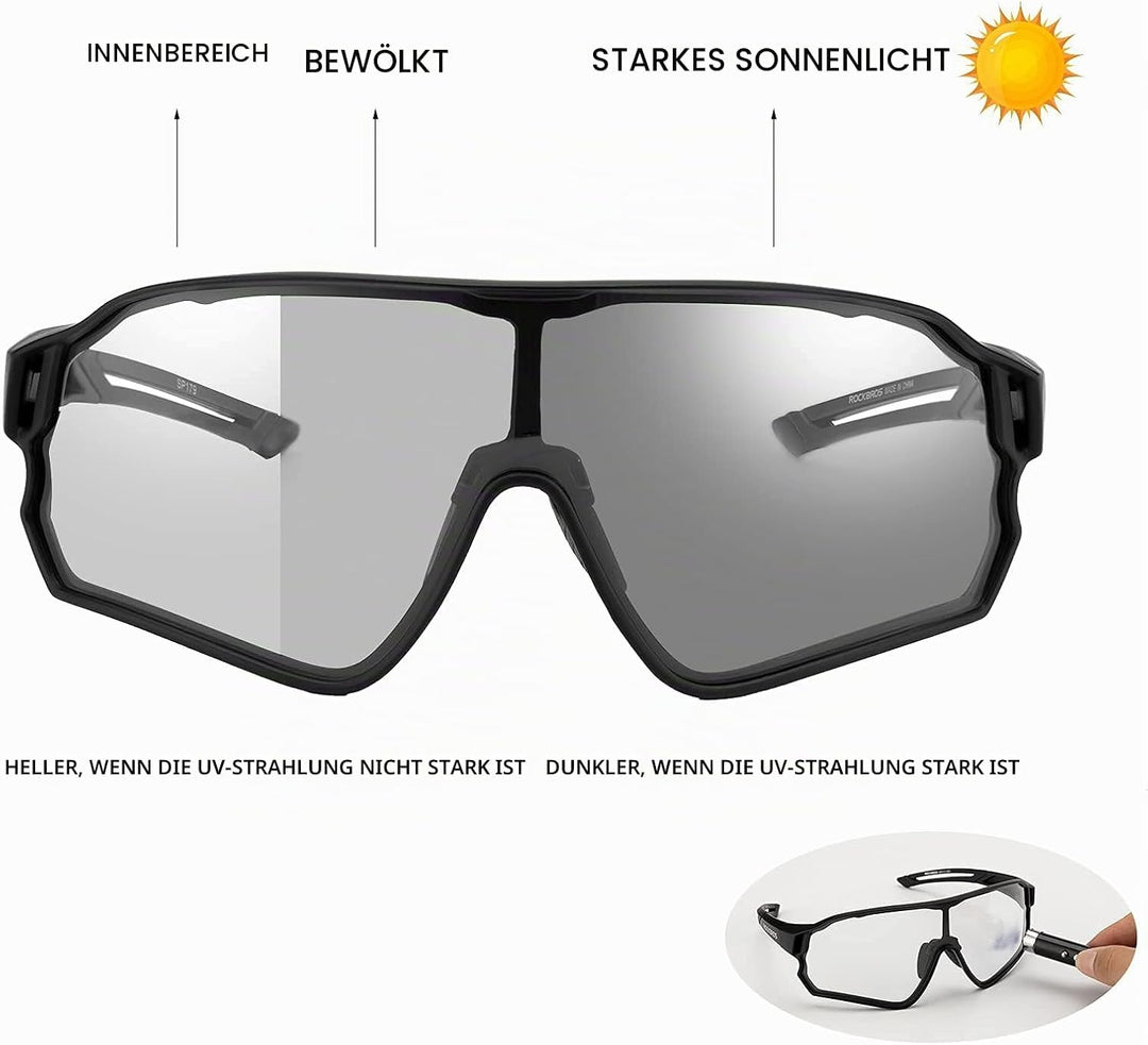 ROCKBROS Sonnenbrille UV-Schutz Brille Klar Photochromatisch Fahrradbrille Sportsbrille für Radfahre
