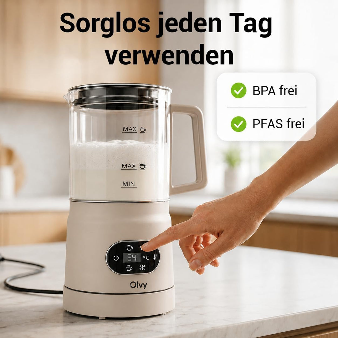 Olvy Milchaufschäumer Elektrisch | Milchschaumgerät für Barista Qualität | 1 Stück | Beige | Für Cap