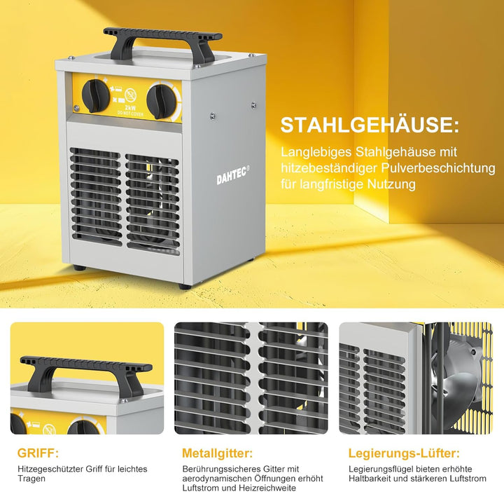 DAHTEC Elektroheizer Heizlüfter Bauheizer 2000 Watt Elektro Heizstrahler Bautrockner mit Thermostat