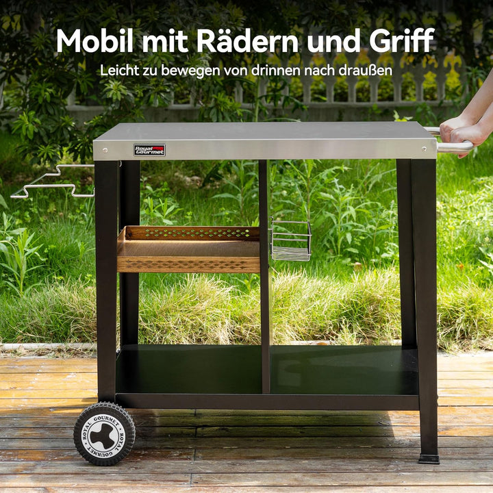 Royal Gourmet Grilltisch mit 85x50 cm Edelstahlplatte 3-Etage Grillwagen für Tischgrill und Pizzaöfe