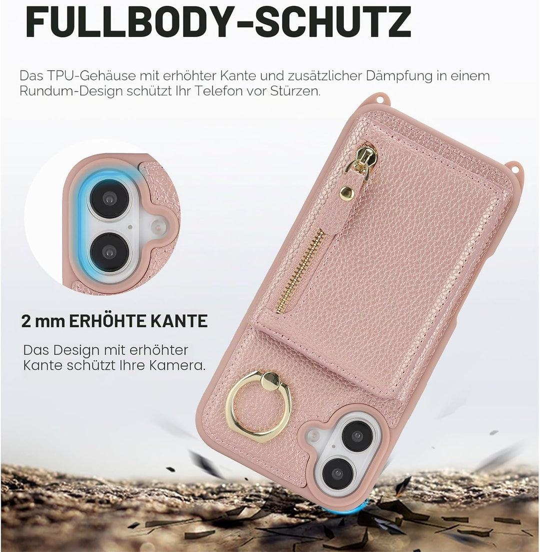 ELTEKER Handyhülle für iPhone 17 Hülle mit Band, Kartenfach Ringhalterung Reissverschluss Geldbörse,