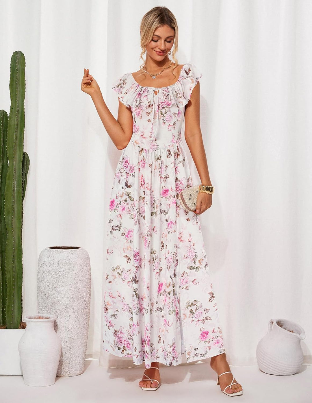 GRACE KARIN Damen Sommerkleid Lang Schulterfrei Rüschen Schlitz Boho Blumenkleid Elegant Hochzeitsgä