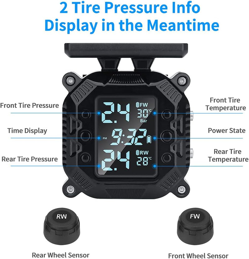 OBEST TPMS Solar-Reifendruckkontrollsystem, Wireless Solar Power Reifendruck Wasserdichtes Motorrad-