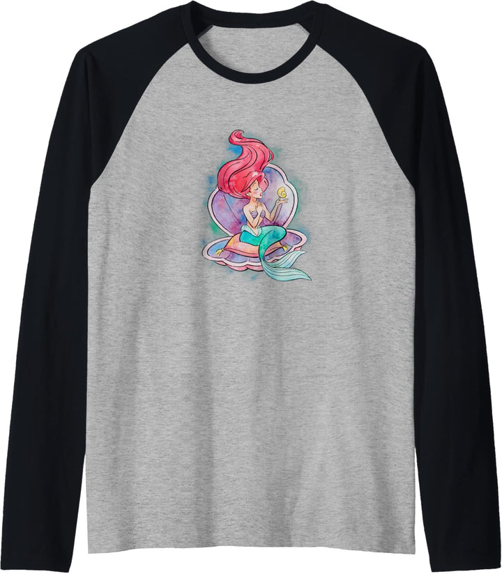 Disney Little Mermaid Ariel Clam Shell Watercolor Portrait Raglan