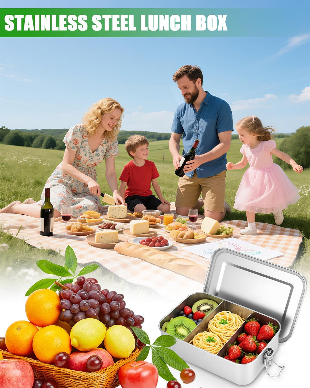 1400ml Edelstahl Brotdose Lunchbox Erwachsene Edelstahl Brotbox Inox mit Trennwand, Auslaufsicher, m