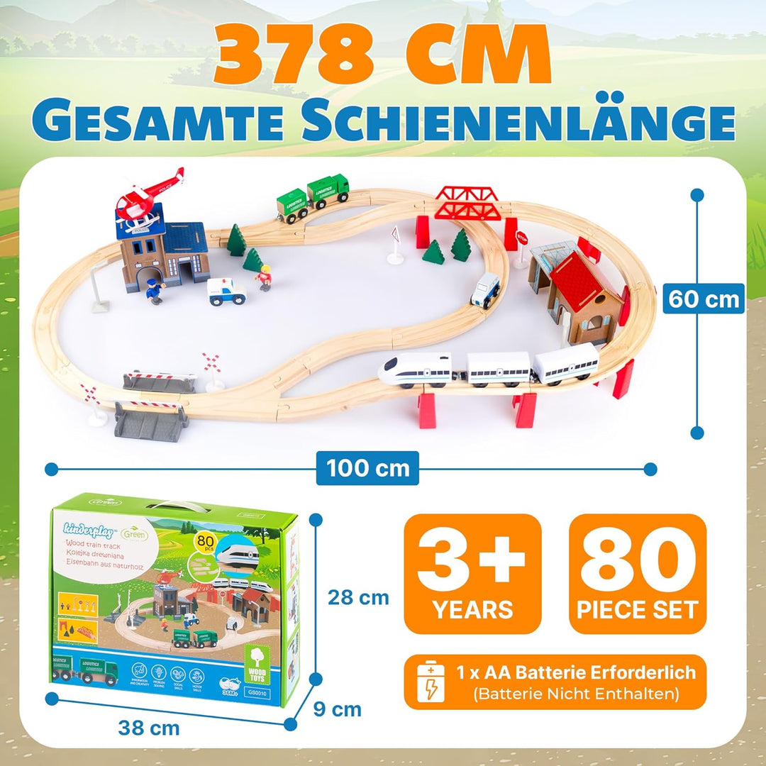 Green series Holzeisenbahn Set für Kinder - Eisenbahn Holz | Spielzeug Zug | Polizeistation, Autobah