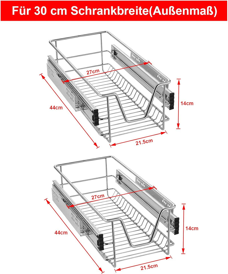 AufuN 2X Küchenschublade 30cm, Teleskopschublade Vollauszug Küchenschrank Schrankauszug Schlafzimmer