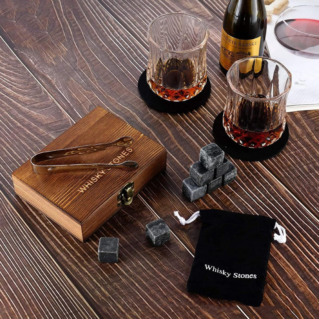 Holzsammlung Whisky Gläser Geschenkset, Whisky Steine Set mit 9 Whisky Steine, Whiskey Cooling Stone