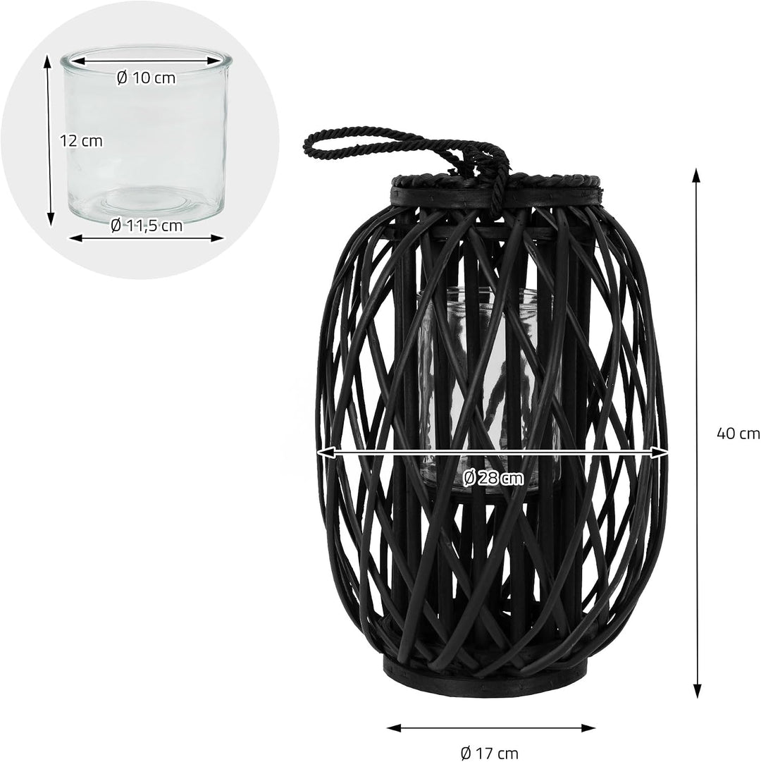 ECD Germany Laterne Ried 40xØ26 cm mit Henkel, Schwarz, Seilfaser, Flechtoptik, Rattan Windlicht mit