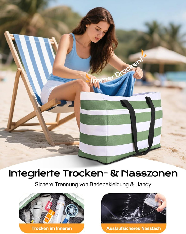 CIRYCASE Strandtasche XXL Familie mit Kühlfach, 54L Grosse Badetasche Strandtasche mit Reissverschlu