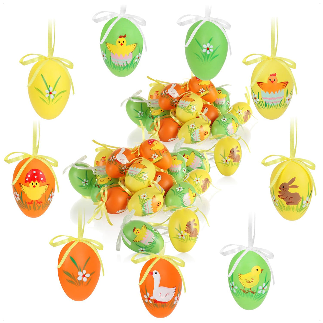 com-four® 36x Ostereier zum Aufhängen 6 cm - Bunte Ostereier mit Blumen und Tieren - Hängedeko für d