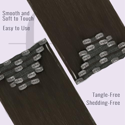 Fshine Echthaar Extensions Clip 45cm Dunkelstes Braun 120 Gramm Doppelt Tressen Haarverlängerung Rem