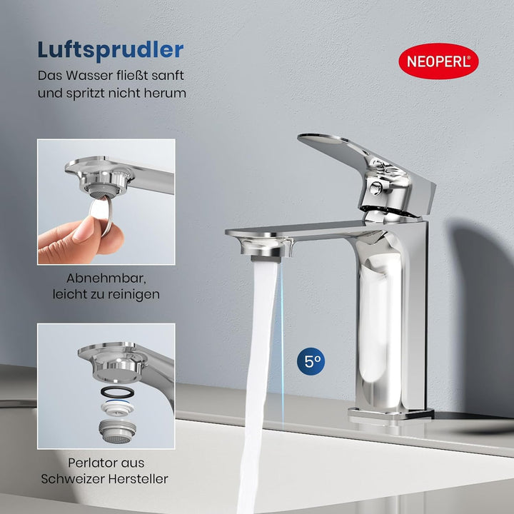 EMKE Wasserhahn Bad Ultrathin Design, 166 x 152 x 45 mm, Messing, Chrom, Keramikkartusche, Mischbatt