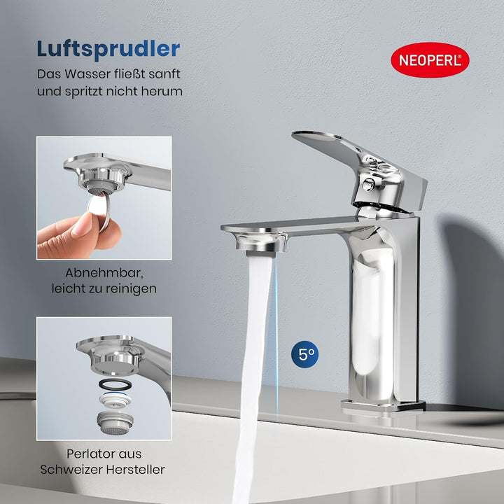 EMKE Waschtischarmatur Chrom, Wasserhahn Bad Mischbatterie Ultrathin, German 4MS Kupfer mit DVGW Zer