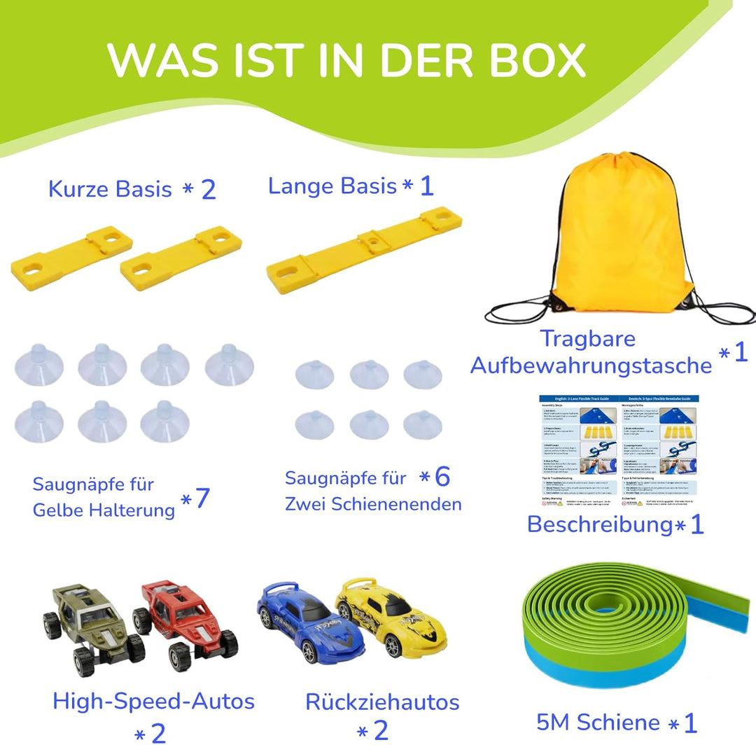 5M Flexible Autorennbahn Set mit 2 Loopings, 2-in-1 Rennbahn mit Autos & Tragtasche, Schwerkraft & P