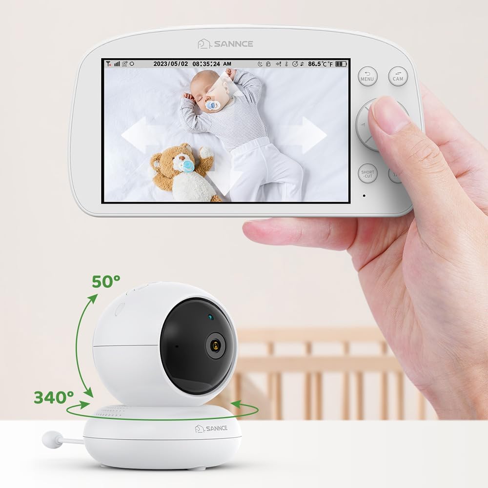 SANNCE Babyphone mit Kamera und Nachtlicht, 720P 5,5'' Baby Monitor PTZ, IR-Nachtsicht, Fütterungser