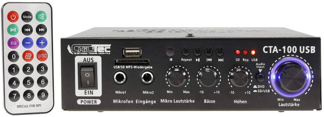 ChiliTec HiFi Verstärker Bluetooth USB CTA-100 100W Aux IN 230V / 12V Betrieb PC Camper Werkstatt He