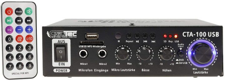 ChiliTec HiFi Verstärker Bluetooth USB CTA-100 100W Aux IN 230V / 12V Betrieb PC Camper Werkstatt He
