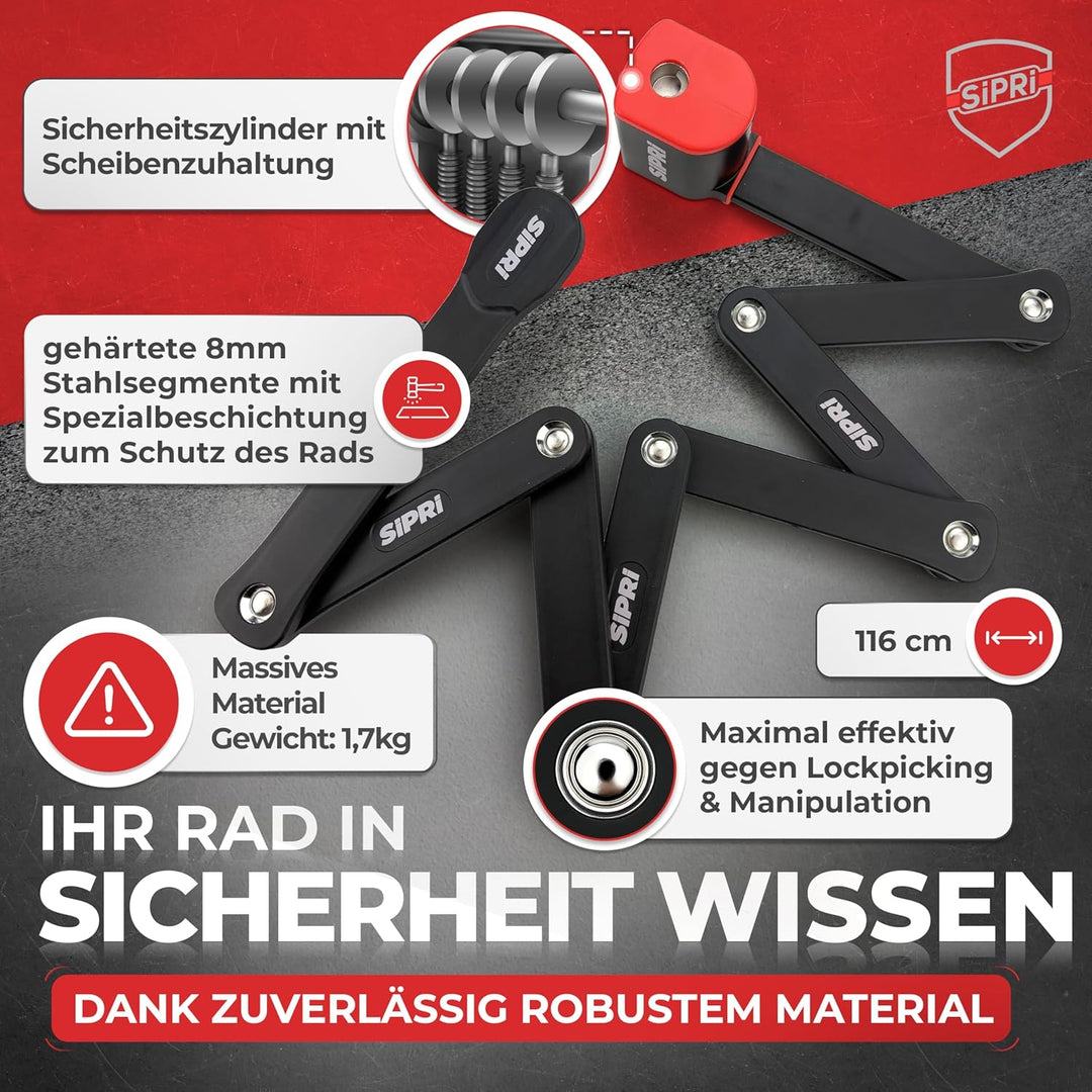 SIPRI® Faltschloss Fahrradschloss mit Alarm 120 dB | Faltbares Fahrradschloss hohe Sicherheit für E-