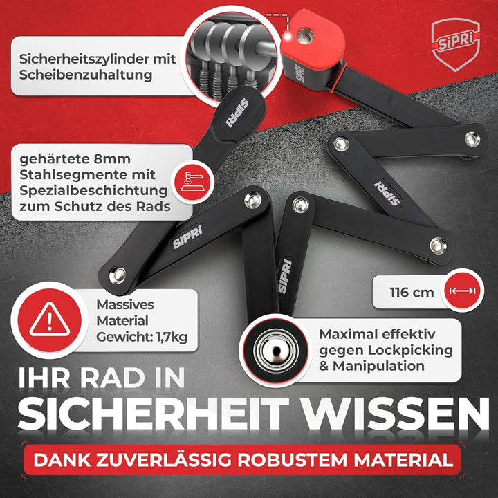 SIPRI® Faltschloss Fahrradschloss mit Alarm 120 dB | Faltbares Fahrradschloss hohe Sicherheit für E-