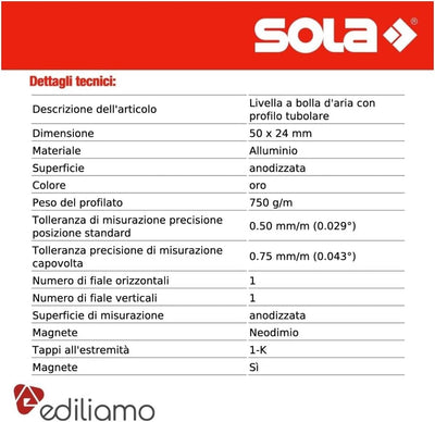 SOLA Aluminium Magnetwasserwaage AZM 40cm mit 2 Libellen, 400 mm, 400 mm