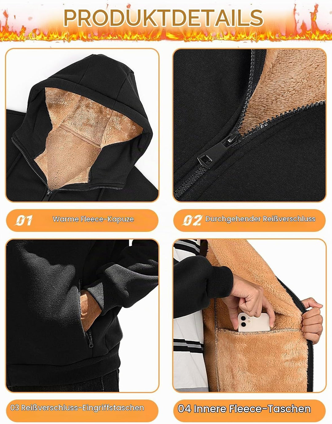 Xnova Sweatjacke Herren Fleecejacke Kapuzenpullover Zipper Hoodie Casual Bequemes und Warmes Übergan
