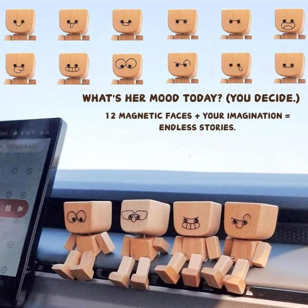 Wobbling Wooden Figures, Small Funny Bobble Head Car Decoration with Magnetic Expressions, Wooden Fi