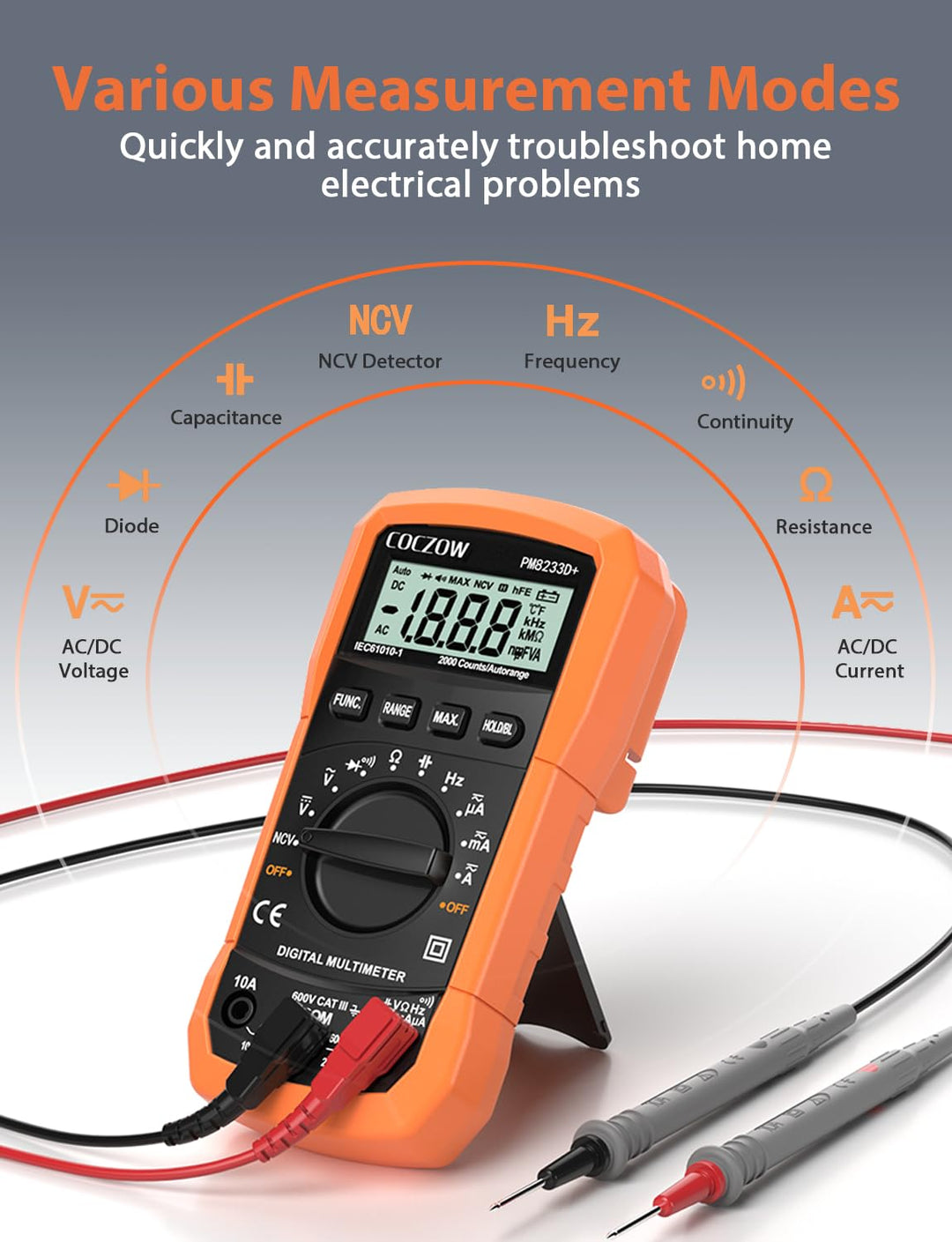 Digital Multimeter mit automatischer Bereichswahl, Multifunktionstester, der AC/DC Voltage, AC/DC Cu