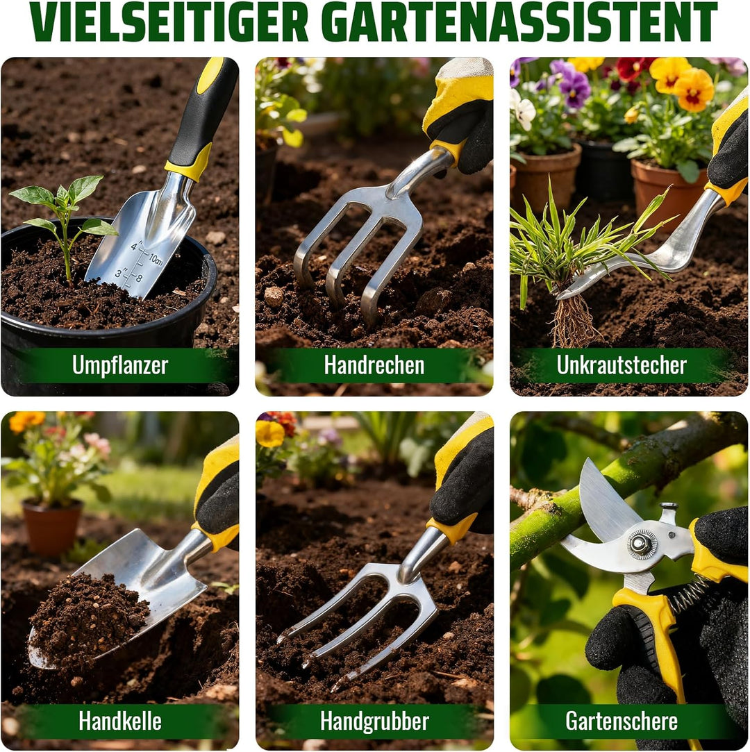 QRD Gartengeräte Set 8 in 1 Gartenwerkzeug mit Aufbewahrungstasche Gartenschaufel mit Gummigriff Gar