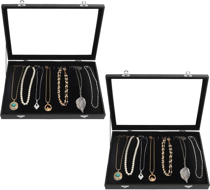 Kurtzy Jewelry Organizer Schmuckkasten Schwarz, Samt Box Glas Deckel Verschliessbar & 20 Haken (2Stk