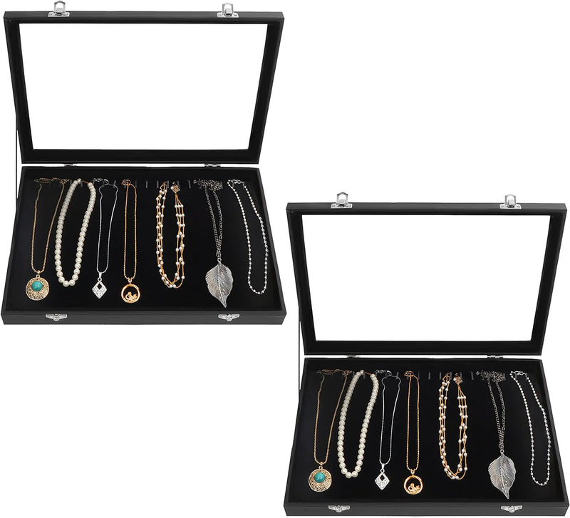 Kurtzy Jewelry Organizer Schmuckkasten Schwarz, Samt Box Glas Deckel Verschliessbar & 20 Haken (2Stk