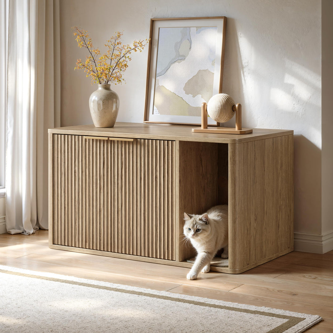 Katzenklo Schrank 90x50x50 cm, Katzenschrank für Katzentoilette aus Holz mit Kratzmatte, Verstecktes