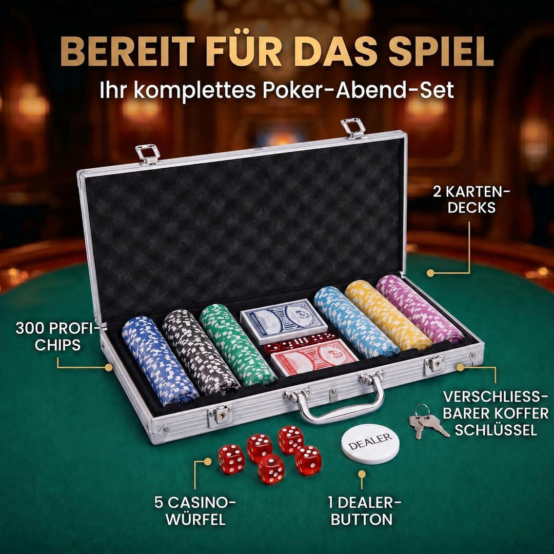 Profi Pokerkoffer Pokerset inkl. 300-500 schwerer 12g Metallkern Poker-Chips; Pokerdeck, Pokerkarten