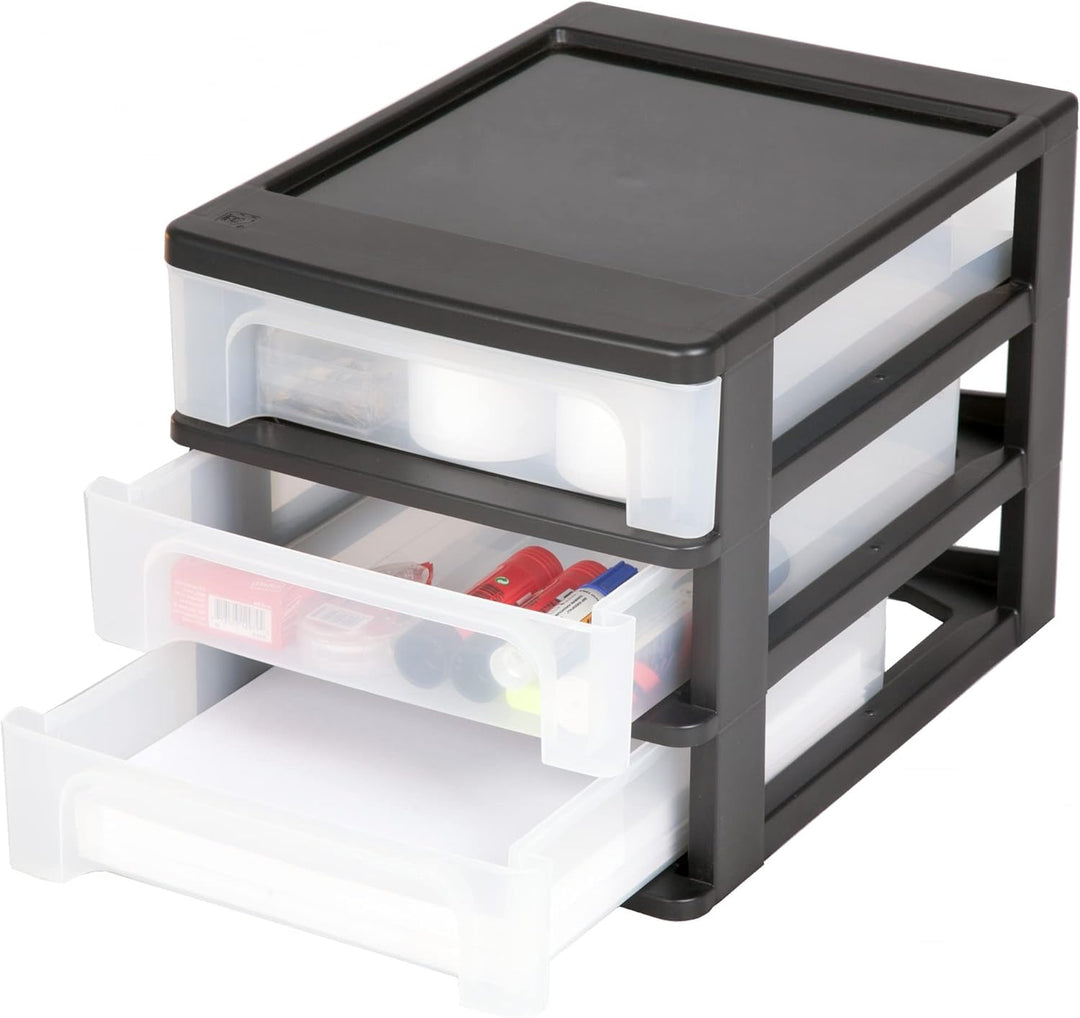 Iris Ohyama, Schreibtisch-Organizer mit 3 flachen Schubladen, Schwarz, Easy-Pull-System, A4, A5 & A6