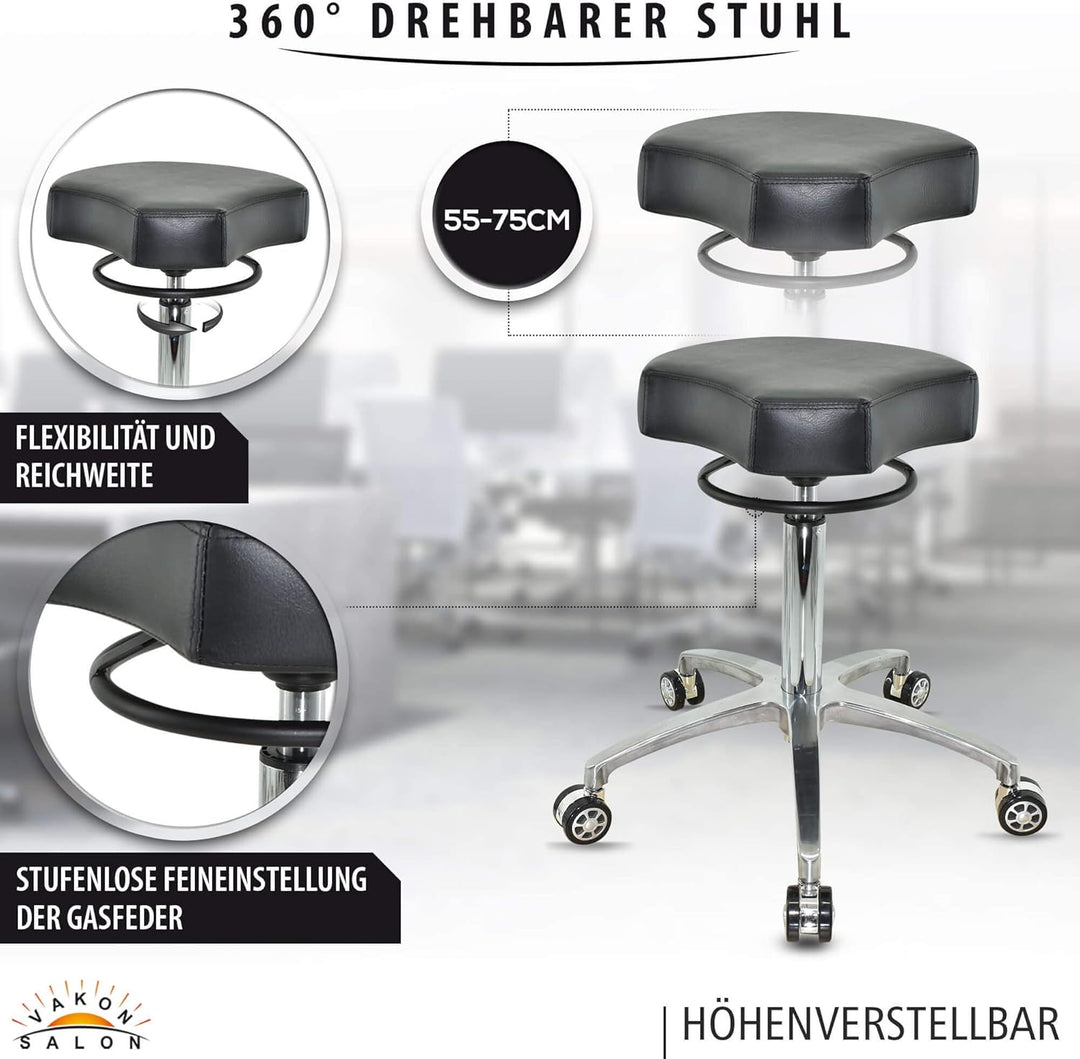 Design ergonomischer Rollhocker auf hochwertigen Rollen Schwarz - Höhenverstellbarer von 55 bis 75 c