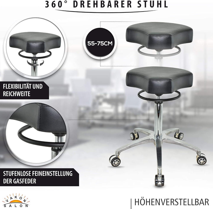 Design ergonomischer Rollhocker auf hochwertigen Rollen Schwarz - Höhenverstellbarer von 55 bis 75 c