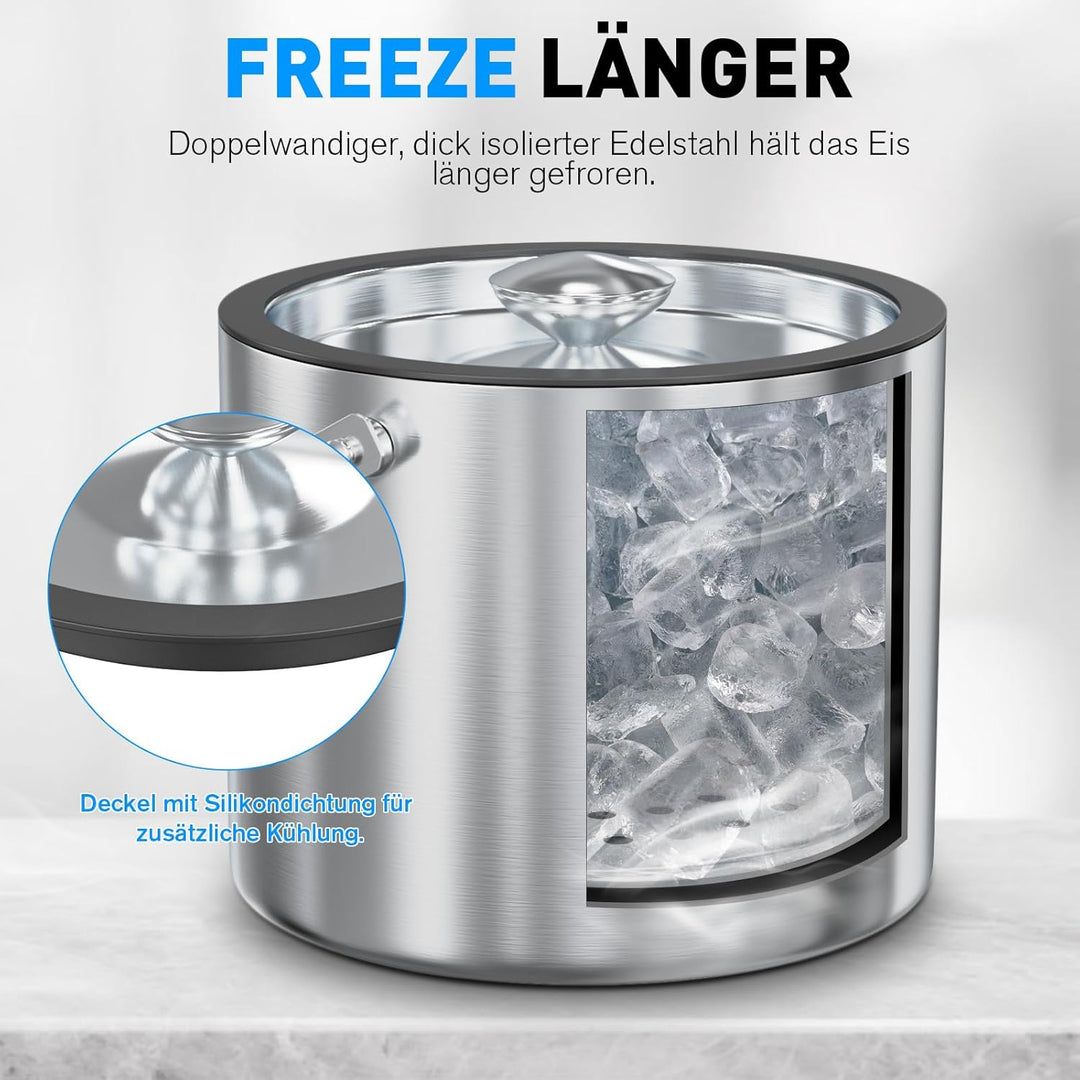 FiveHome 3,2L Edelstahl Eisbehälter mit luftdichtem Deckel, Sieb und Eiszange, Eiswürfelbehälter dop