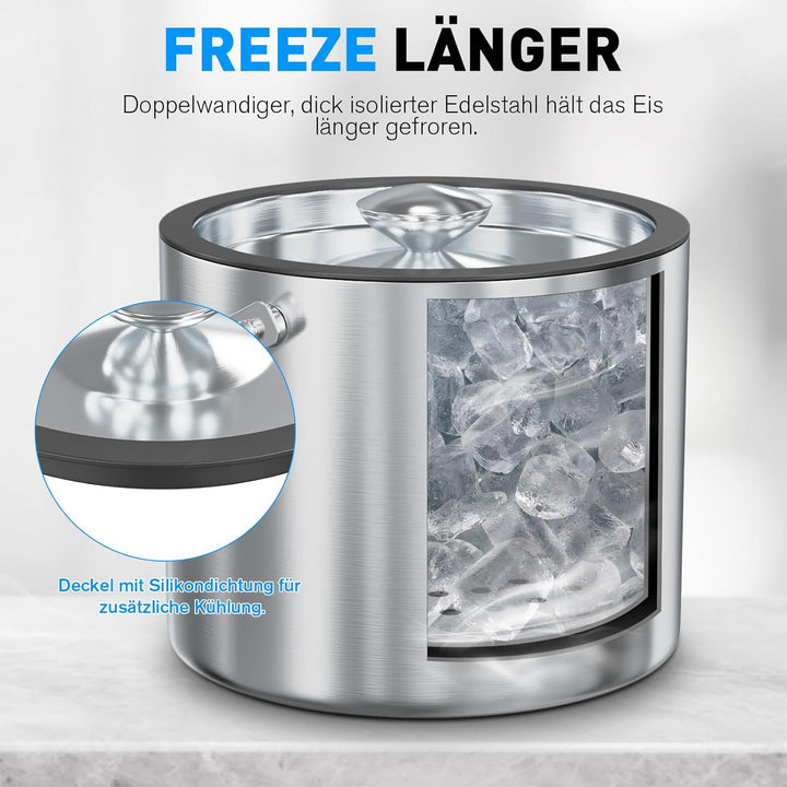 FiveHome 3,2L Edelstahl Eisbehälter mit luftdichtem Deckel, Sieb und Eiszange, Eiswürfelbehälter dop