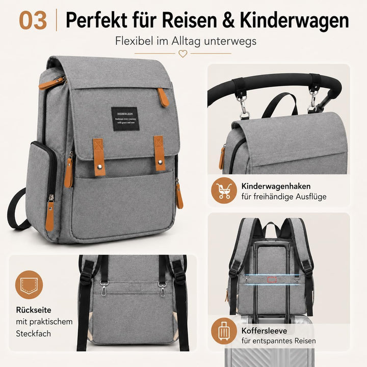 Heberlein Prestige Baby Wickelrucksack - grosse Wickeltasche für Mama &amp; Papa, wasserabweisend mit vi