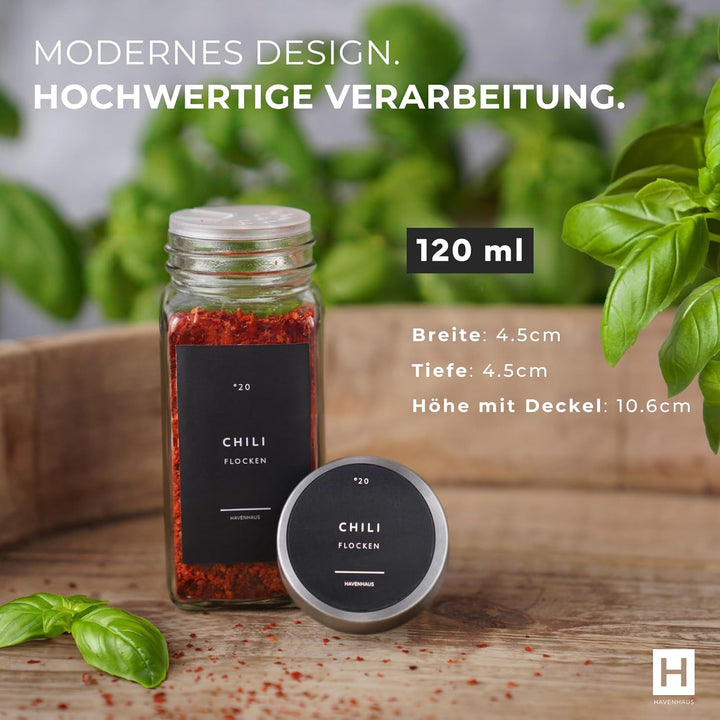 HAVENHAUS Gewürzgläser Set | hochwertiges Komplettset aus 24x Gewürz Gläser [120ml] inkl. 336 deutsc